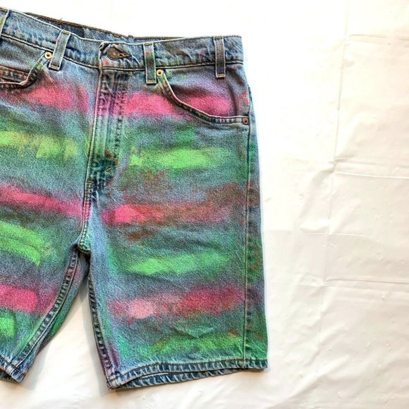 Vintage Levi's 550 Jean Denim Shorts Men 32‎ (31) USA Orange Tab Painted Altered - Picture 5 of 12